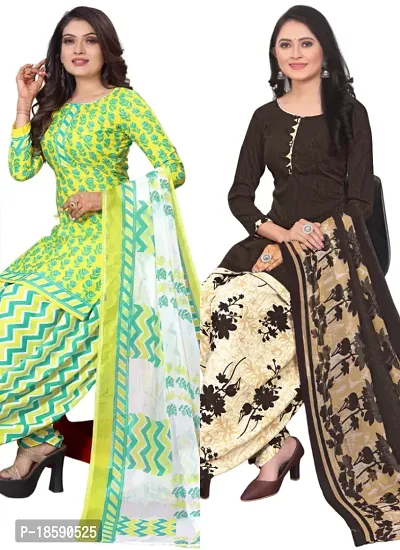 Yellow  Brown Crepe Printed Dress Material with Dupatta For Women (Combo pack of 2)