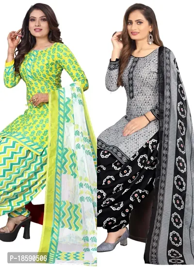 Yellow  Grey Crepe Printed Dress Material with Dupatta For Women (Combo pack of 2)-thumb0