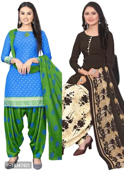 Blue  Brown Crepe Printed Dress Material with Dupatta For Women (Combo pack of 2)