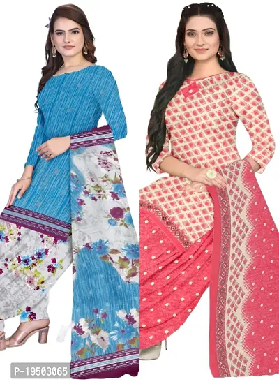 Blue  Pink Crepe Printed Dress Material with Dupatta For Women (Combo pack of 2)-thumb0