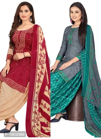 Red  Grey Crepe Printed Dress Material with Dupatta For Women (Combo pack of 2)