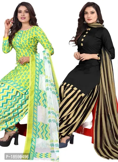 Yellow  Black Crepe Printed Dress Material with Dupatta For Women (Combo pack of 2)