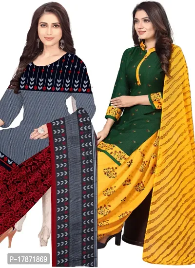 Grey  Green Crepe Printed Dress Material with Dupatta For Women (Combo pack of 2)-thumb0