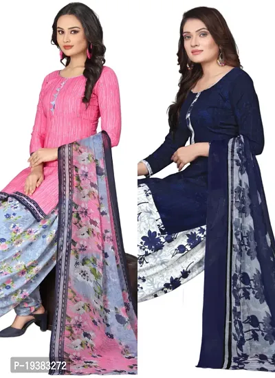 Pink  Navy Blue Crepe Printed Dress Material with Dupatta For Women (Combo pack of 2)