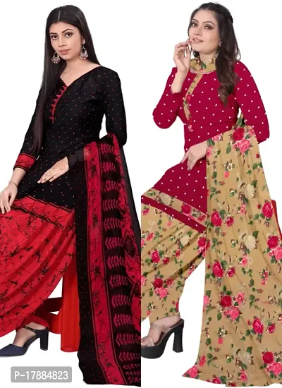 Black  Red Crepe Printed Dress Material with Dupatta For Women (Combo pack of 2)-thumb0