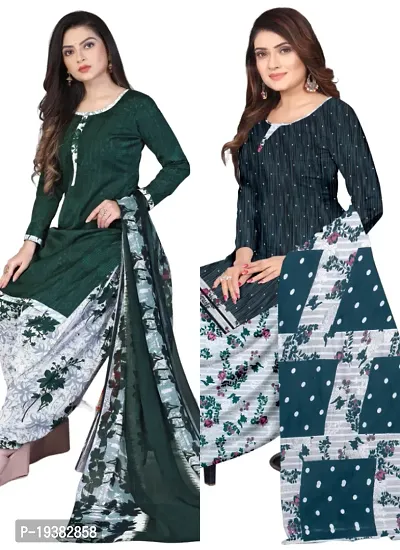 Green  Multicolor Crepe Printed Dress Material with Dupatta For Women (Combo pack of 2)-thumb0