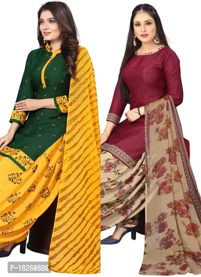 Green  Maroon Crepe Printed Dress Material with Dupatta For Women (Combo pack of 2)-thumb0