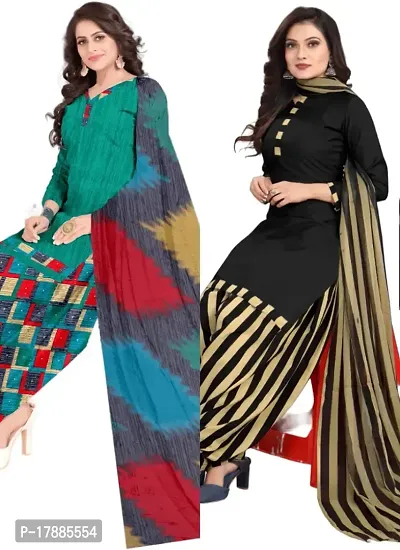 Turquoise  Black Crepe Printed Dress Material with Dupatta For Women (Combo pack of 2)-thumb0