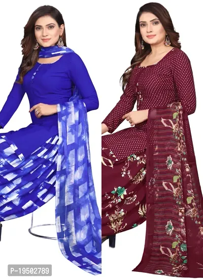 Blue  Maroon Crepe Printed Dress Material with Dupatta For Women (Combo pack of 2)