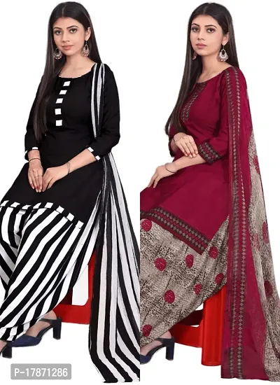 Black  Maroon Crepe Printed Dress Material with Dupatta For Women (Combo pack of 2)-thumb0