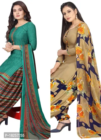 Turquoise  Beige Crepe Printed Dress Material with Dupatta For Women (Combo pack of 2)-thumb0