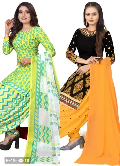 Yellow  Black Crepe Printed Dress Material with Dupatta For Women (Combo pack of 2)