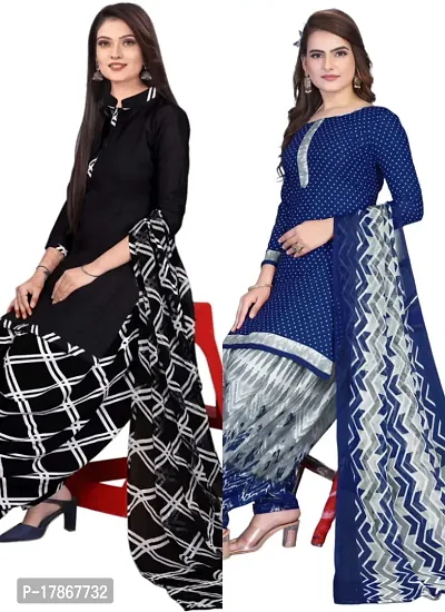 Black  Navy Blue Crepe Printed Dress Material with Dupatta For Women (Combo pack of 2)