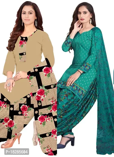 Beige  Teal Crepe Printed Dress Material with Dupatta For Women (Combo pack of 2)-thumb0