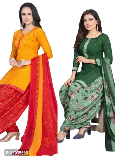 Elegant Multicoloured Cotton Printed Dress Material with Dupatta For Women (Combo Pack of 2)-thumb0