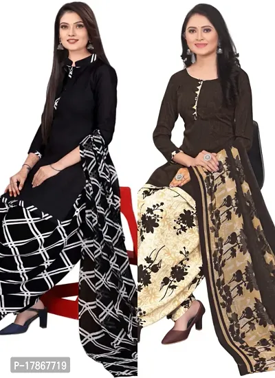 Black  Brown Crepe Printed Dress Material with Dupatta For Women (Combo pack of 2)