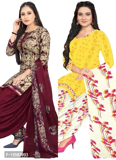 Beige  Yellow Crepe Printed Dress Material with Dupatta For Women (Combo pack of 2)