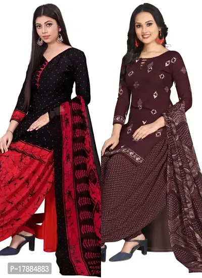 Black  Wine Crepe Printed Dress Material with Dupatta For Women (Combo pack of 2)