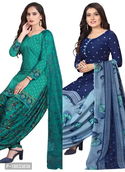 Teal  Blue Crepe Printed Dress Material with Dupatta For Women (Combo pack of 2)-thumb0