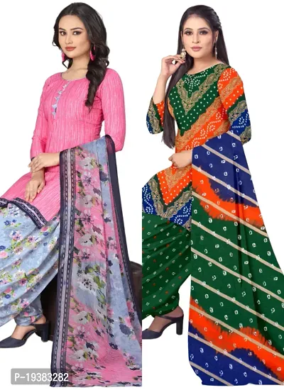 Pink  Multicolor Crepe Printed Dress Material with Dupatta For Women (Combo pack of 2)