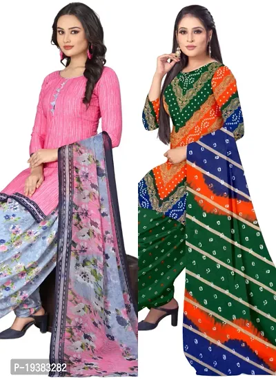 Pink  Multicolor Crepe Printed Dress Material with Dupatta For Women (Combo pack of 2)-thumb0