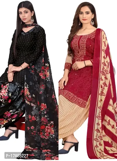 Black  Red Crepe Printed Dress Material with Dupatta For Women (Combo pack of 2)