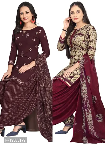 Wine  Beige Crepe Printed Dress Material with Dupatta For Women (Combo pack of 2)-thumb0