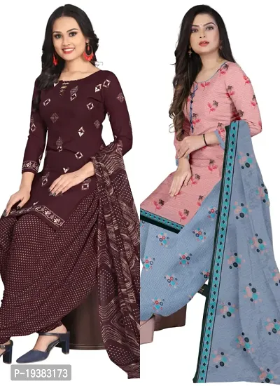 Wine  Pink Crepe Printed Dress Material with Dupatta For Women (Combo pack of 2)