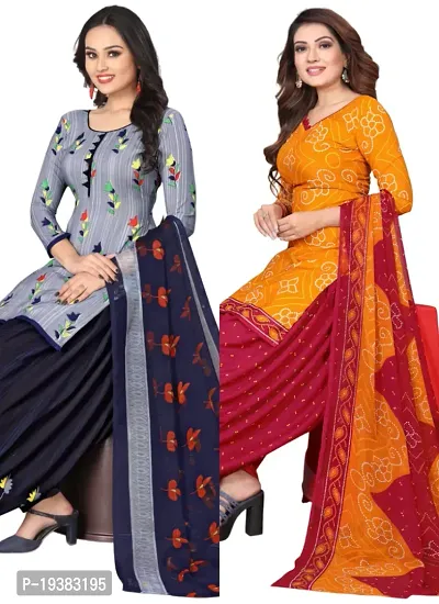 Grey  Orange Crepe Printed Dress Material with Dupatta For Women (Combo pack of 2)