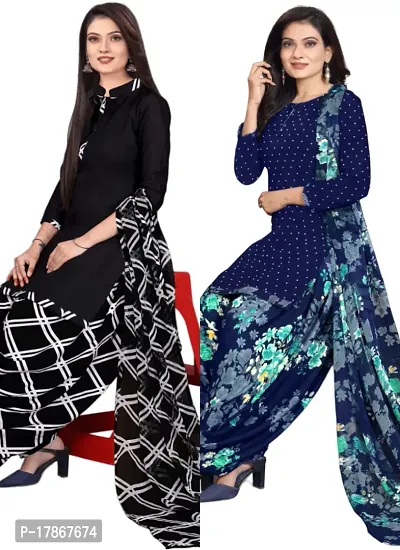 Black  Navy Blue Crepe Printed Dress Material with Dupatta For Women (Combo pack of 2)