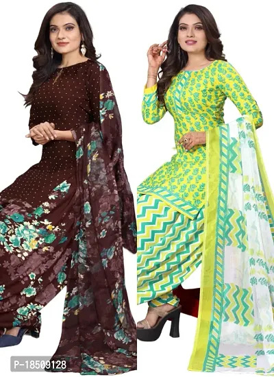 Brown  Yellow Crepe Printed Dress Material with Dupatta For Women (Combo pack of 2)