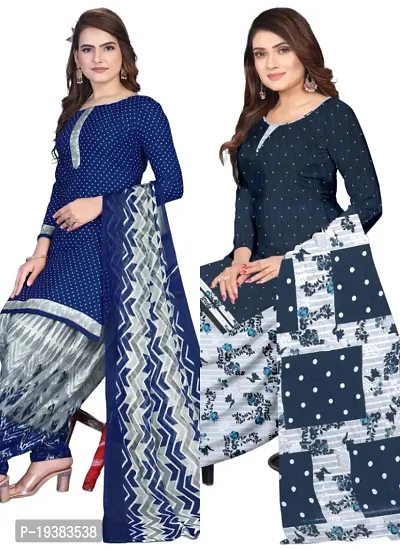 Navy Blue  Multicolor Crepe Printed Dress Material with Dupatta For Women (Combo pack of 2)