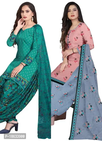 Teal  Pink Crepe Printed Dress Material with Dupatta For Women (Combo pack of 2)-thumb0