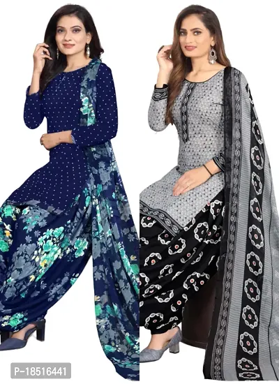 Navy Blue  Grey Crepe Printed Dress Material with Dupatta For Women (Combo pack of 2)