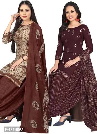 Beige  Wine Crepe Printed Dress Material with Dupatta For Women (Combo pack of 2)-thumb0