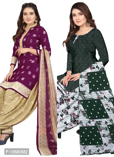 Purple  Green Crepe Printed Dress Material with Dupatta For Women (Combo pack of 2)-thumb0