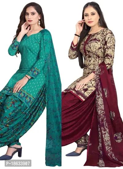 Teal  Beige Crepe Printed Dress Material with Dupatta For Women (Combo pack of 2)