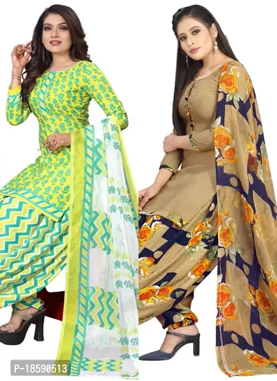 Yellow  Beige Crepe Printed Dress Material with Dupatta For Women (Combo pack of 2)