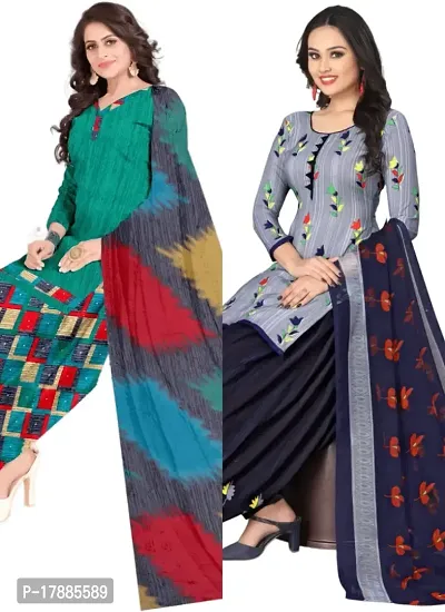 Turquoise  Grey Crepe Printed Dress Material with Dupatta For Women (Combo pack of 2)