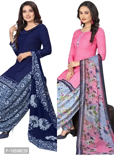 Navy Blue  Pink Crepe Printed Dress Material with Dupatta For Women (Combo pack of 2)