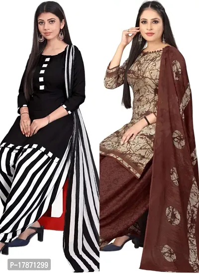 Black  Beige Crepe Printed Dress Material with Dupatta For Women (Combo pack of 2)