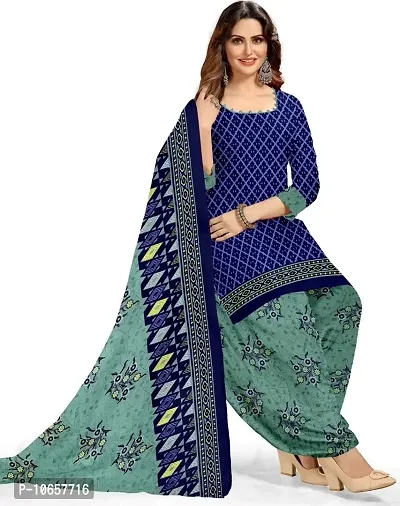 Elegant Navy Blue Crepe Ethnic Print Dress Material with Dupatta For Women