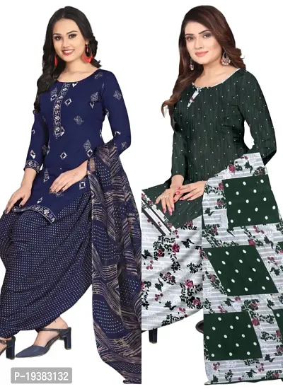 Navy Blue  Green Crepe Printed Dress Material with Dupatta For Women (Combo pack of 2)