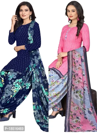 Navy Blue  Pink Crepe Printed Dress Material with Dupatta For Women (Combo pack of 2)