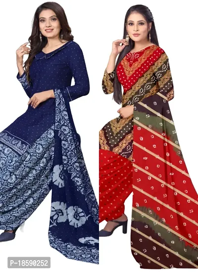 Navy Blue  Multicolor Crepe Printed Dress Material with Dupatta For Women (Combo pack of 2)