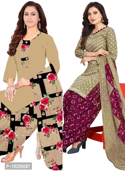 Beige  Multicolor Crepe Printed Dress Material with Dupatta For Women (Combo pack of 2)