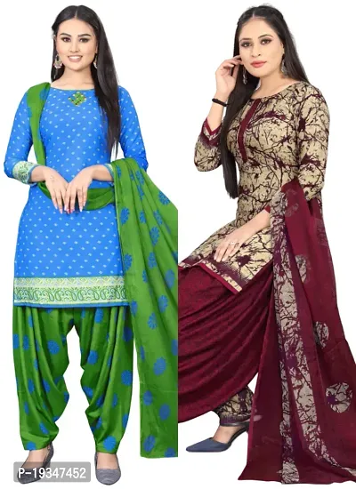 Blue  Beige Crepe Printed Dress Material with Dupatta For Women (Combo pack of 2)