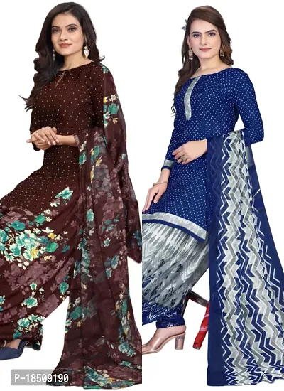 Brown  Navy Blue Crepe Printed Dress Material with Dupatta For Women (Combo pack of 2)-thumb0