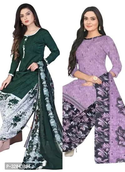 Elegant Multicoloured Cotton Printed Dress Material with Dupatta For Women (Combo Pack of 2)-thumb0