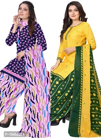 Blue  Yellow Crepe Printed Dress Material with Dupatta For Women (Combo pack of 2)